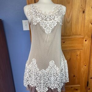 Stylish Beige Dress with White Lace Overlay